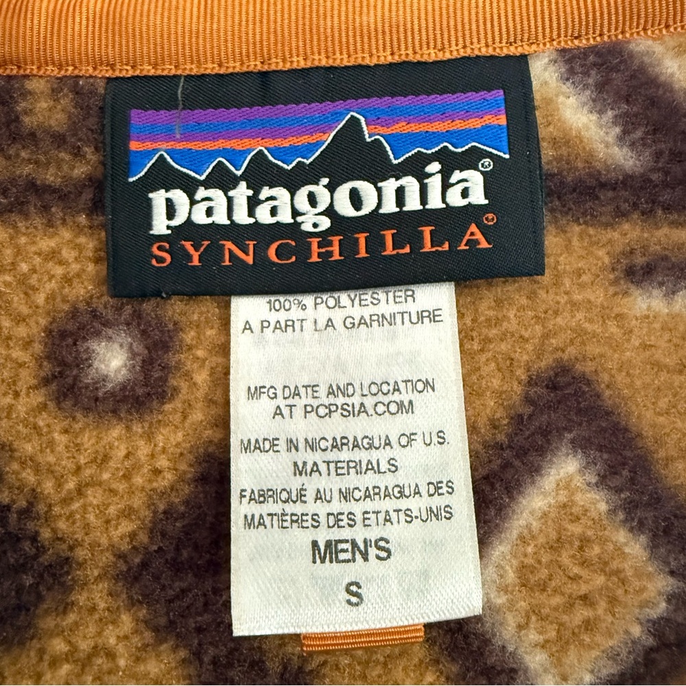 Patagonia Brown Tan Fleece Jacket Blue Trim Aztec Men’s Size S Women’s Medium - Picture 6 of 8